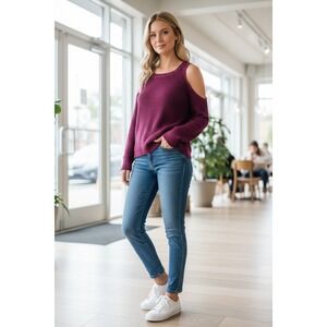 Hollister Cold Shoulder Ribbed Knit Sweater Burgundy‎ Size L